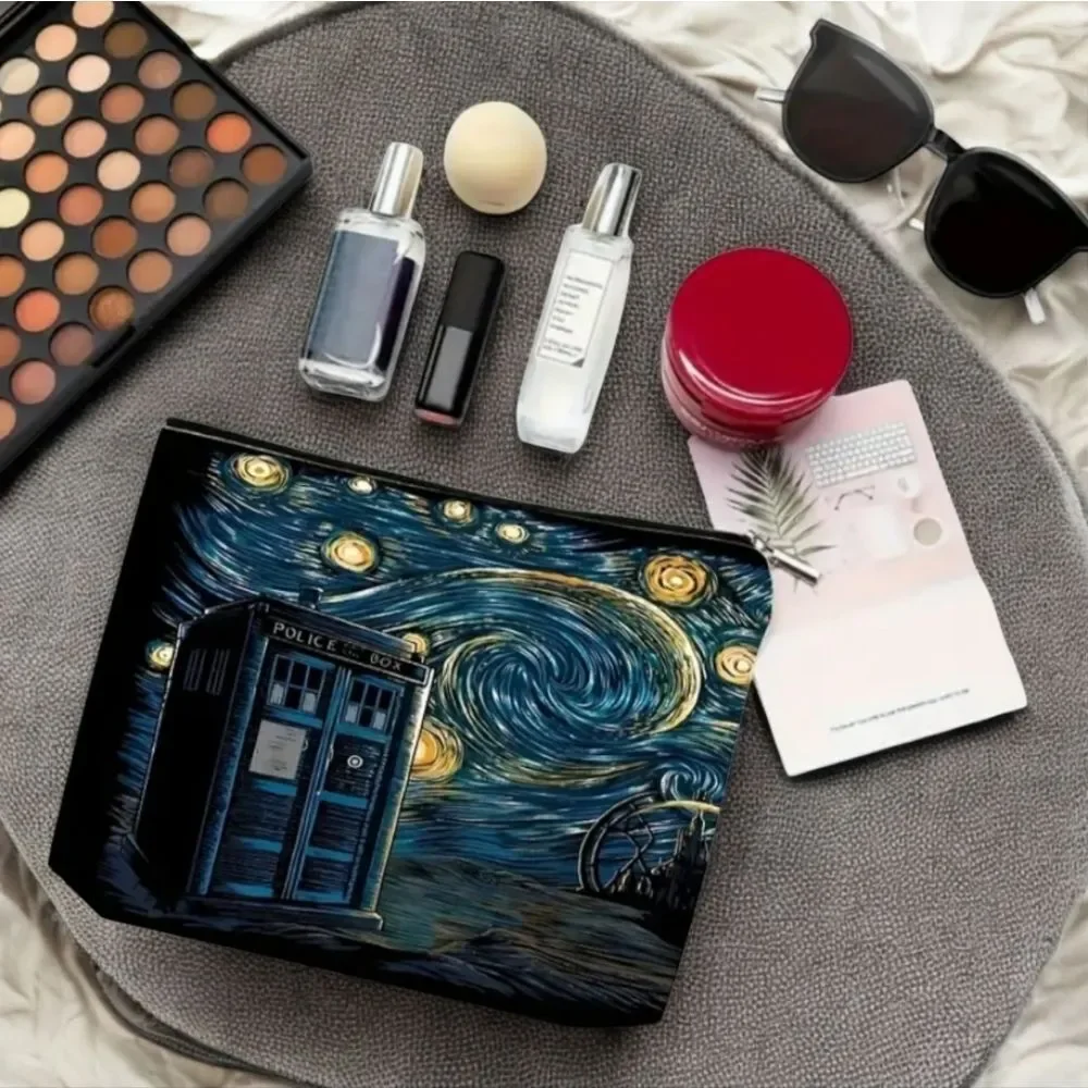 Doctor Who TARDIS Starry Night Cosmetic Bag Whovian Van Gogh Art Makeup Pouch